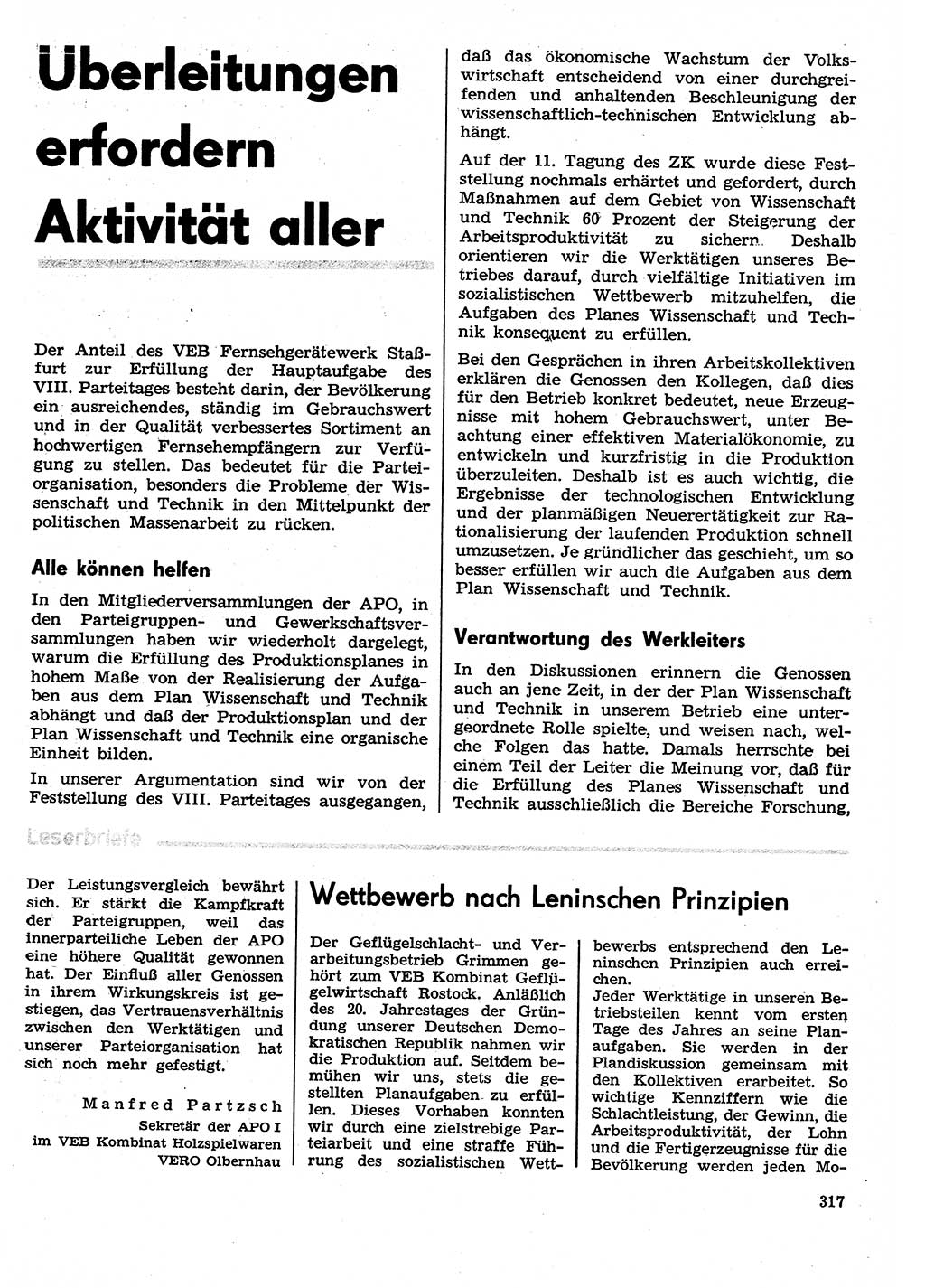 Neuer Weg (NW), Organ des Zentralkomitees (ZK) der SED (Sozialistische Einheitspartei Deutschlands) für Fragen des Parteilebens, 29. Jahrgang [Deutsche Demokratische Republik (DDR)] 1974, Seite 317 (NW ZK SED DDR 1974, S. 317)