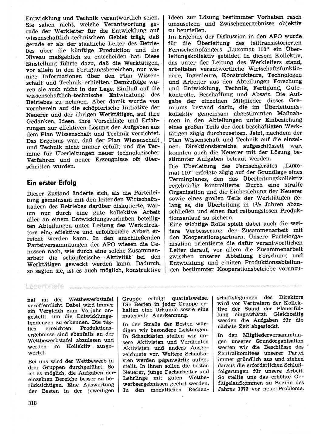 Neuer Weg (NW), Organ des Zentralkomitees (ZK) der SED (Sozialistische Einheitspartei Deutschlands) für Fragen des Parteilebens, 29. Jahrgang [Deutsche Demokratische Republik (DDR)] 1974, Seite 318 (NW ZK SED DDR 1974, S. 318)