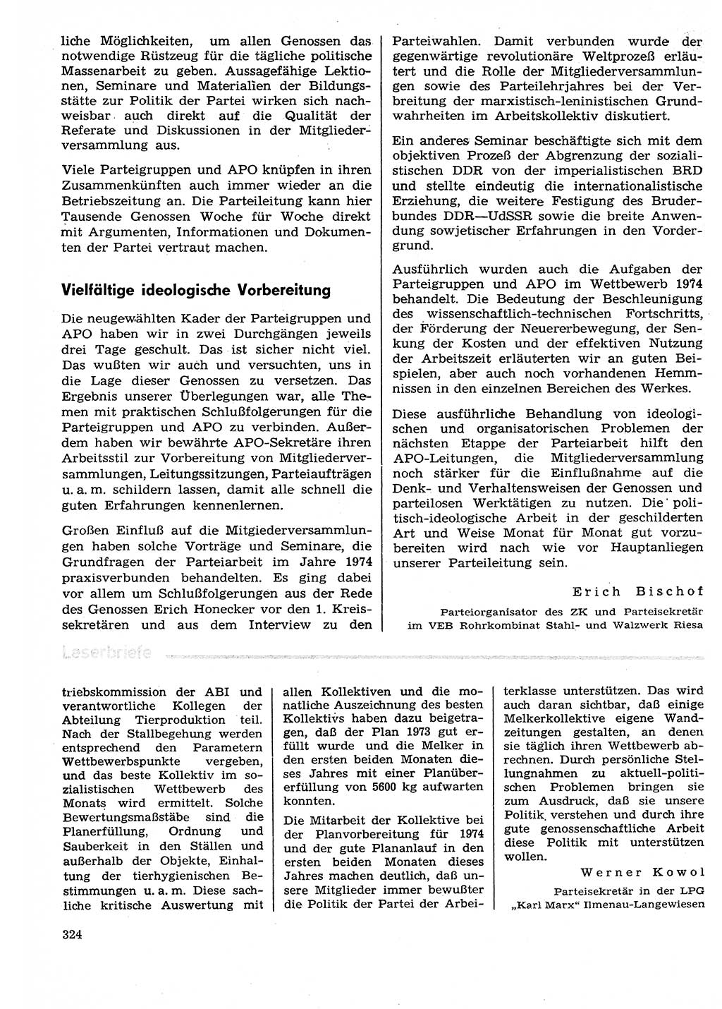 Neuer Weg (NW), Organ des Zentralkomitees (ZK) der SED (Sozialistische Einheitspartei Deutschlands) für Fragen des Parteilebens, 29. Jahrgang [Deutsche Demokratische Republik (DDR)] 1974, Seite 324 (NW ZK SED DDR 1974, S. 324)