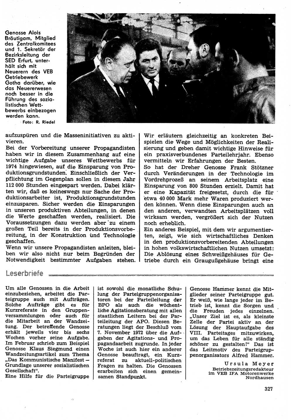 Neuer Weg (NW), Organ des Zentralkomitees (ZK) der SED (Sozialistische Einheitspartei Deutschlands) für Fragen des Parteilebens, 29. Jahrgang [Deutsche Demokratische Republik (DDR)] 1974, Seite 327 (NW ZK SED DDR 1974, S. 327)