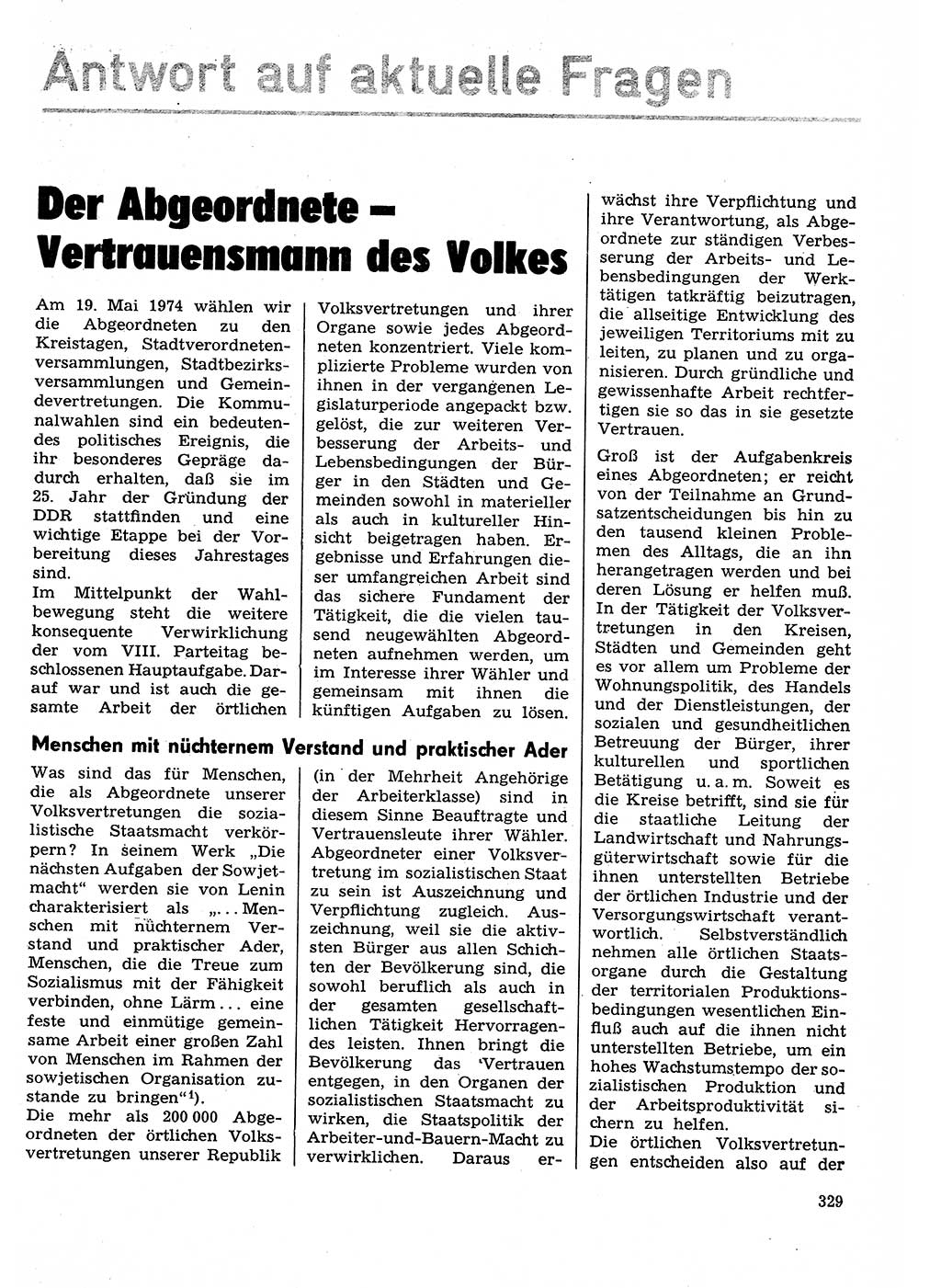 Neuer Weg (NW), Organ des Zentralkomitees (ZK) der SED (Sozialistische Einheitspartei Deutschlands) für Fragen des Parteilebens, 29. Jahrgang [Deutsche Demokratische Republik (DDR)] 1974, Seite 329 (NW ZK SED DDR 1974, S. 329)