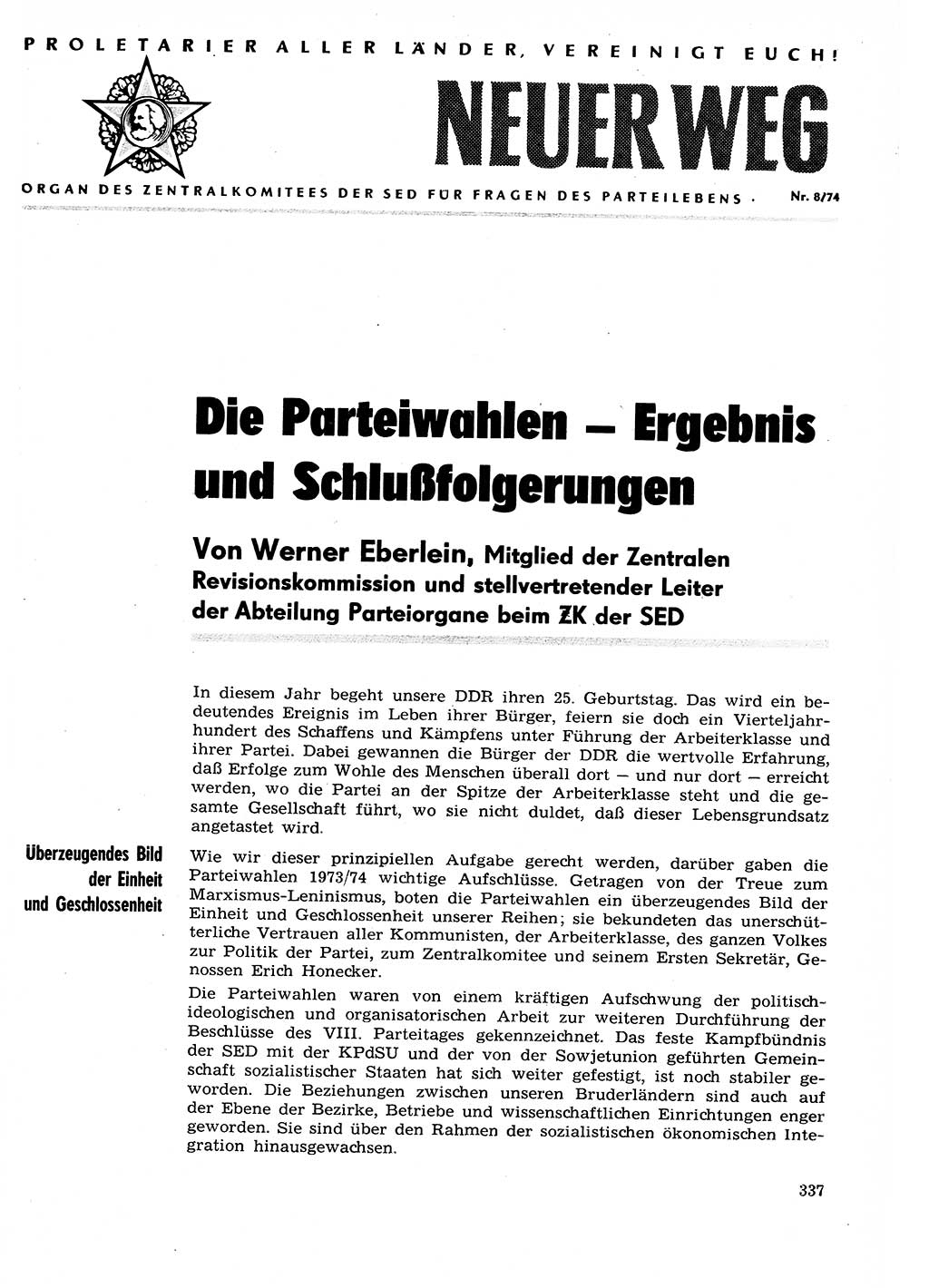 Neuer Weg (NW), Organ des Zentralkomitees (ZK) der SED (Sozialistische Einheitspartei Deutschlands) für Fragen des Parteilebens, 29. Jahrgang [Deutsche Demokratische Republik (DDR)] 1974, Seite 337 (NW ZK SED DDR 1974, S. 337)