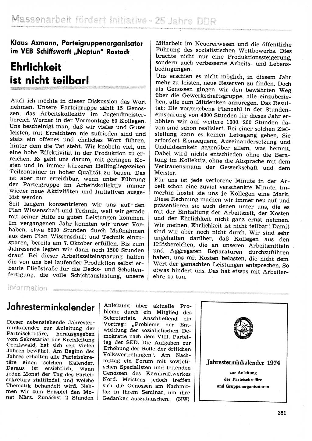 Neuer Weg (NW), Organ des Zentralkomitees (ZK) der SED (Sozialistische Einheitspartei Deutschlands) für Fragen des Parteilebens, 29. Jahrgang [Deutsche Demokratische Republik (DDR)] 1974, Seite 351 (NW ZK SED DDR 1974, S. 351)