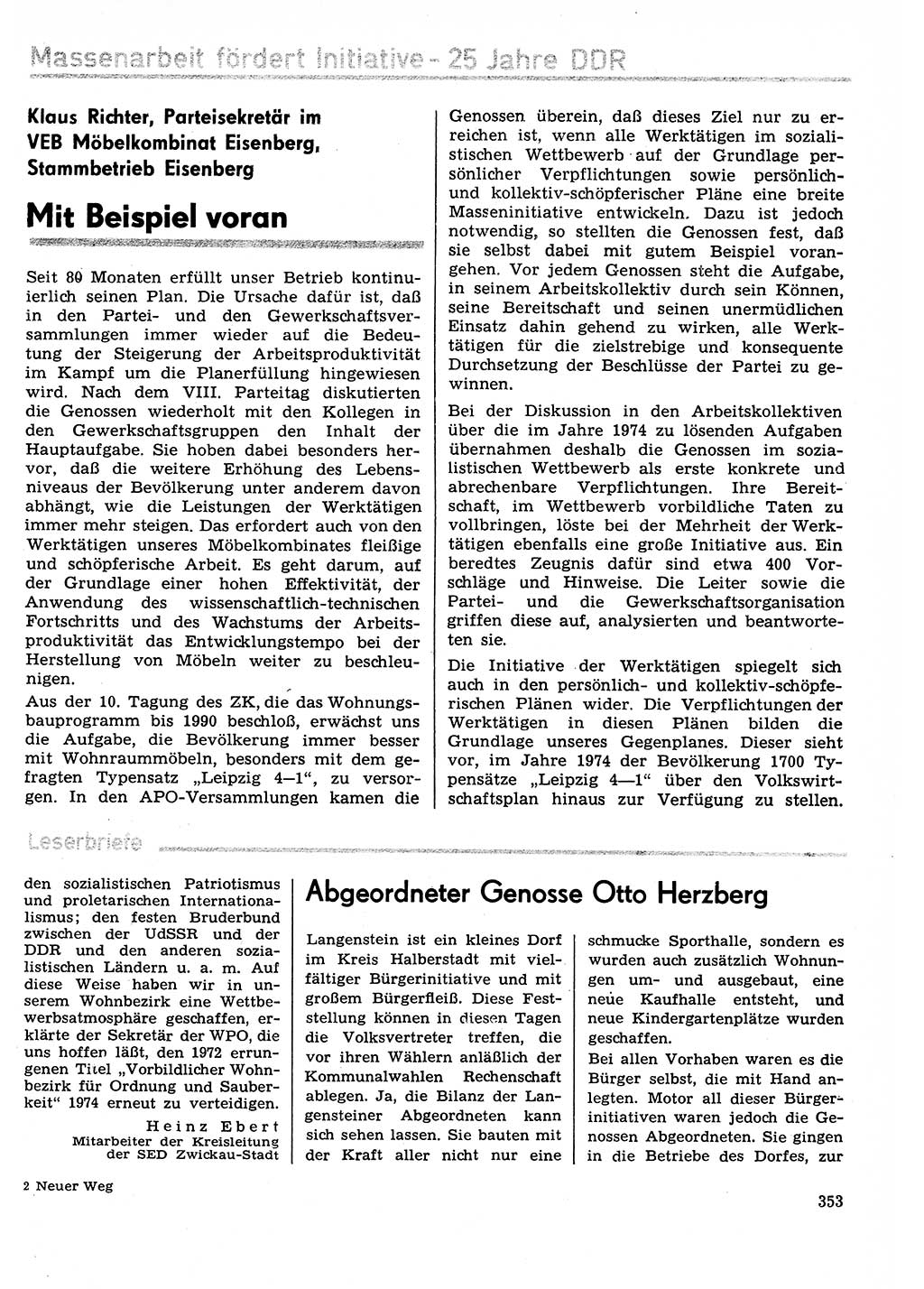 Neuer Weg (NW), Organ des Zentralkomitees (ZK) der SED (Sozialistische Einheitspartei Deutschlands) für Fragen des Parteilebens, 29. Jahrgang [Deutsche Demokratische Republik (DDR)] 1974, Seite 353 (NW ZK SED DDR 1974, S. 353)