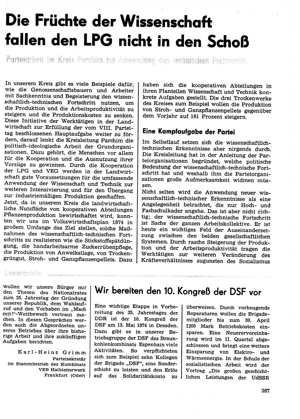 Neuer Weg (NW), Organ des Zentralkomitees (ZK) der SED (Sozialistische Einheitspartei Deutschlands) für Fragen des Parteilebens, 29. Jahrgang [Deutsche Demokratische Republik (DDR)] 1974, Seite 367 (NW ZK SED DDR 1974, S. 367)