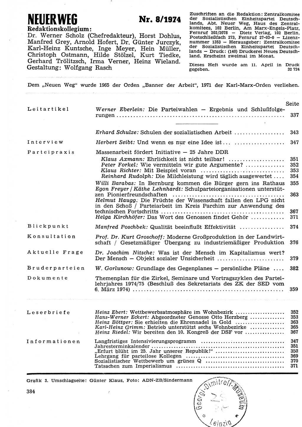 Neuer Weg (NW), Organ des Zentralkomitees (ZK) der SED (Sozialistische Einheitspartei Deutschlands) für Fragen des Parteilebens, 29. Jahrgang [Deutsche Demokratische Republik (DDR)] 1974, Seite 384 (NW ZK SED DDR 1974, S. 384)