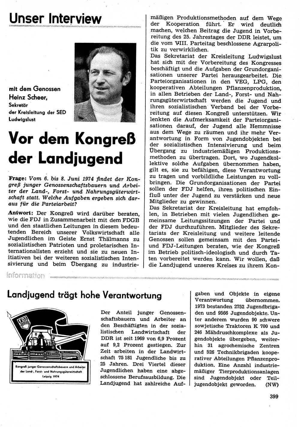Neuer Weg (NW), Organ des Zentralkomitees (ZK) der SED (Sozialistische Einheitspartei Deutschlands) für Fragen des Parteilebens, 29. Jahrgang [Deutsche Demokratische Republik (DDR)] 1974, Seite 399 (NW ZK SED DDR 1974, S. 399)