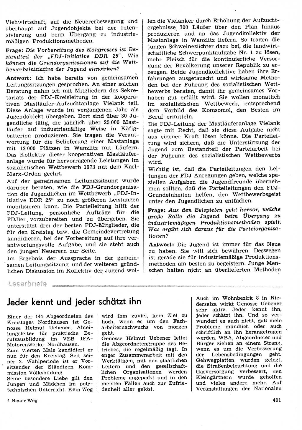 Neuer Weg (NW), Organ des Zentralkomitees (ZK) der SED (Sozialistische Einheitspartei Deutschlands) für Fragen des Parteilebens, 29. Jahrgang [Deutsche Demokratische Republik (DDR)] 1974, Seite 401 (NW ZK SED DDR 1974, S. 401)