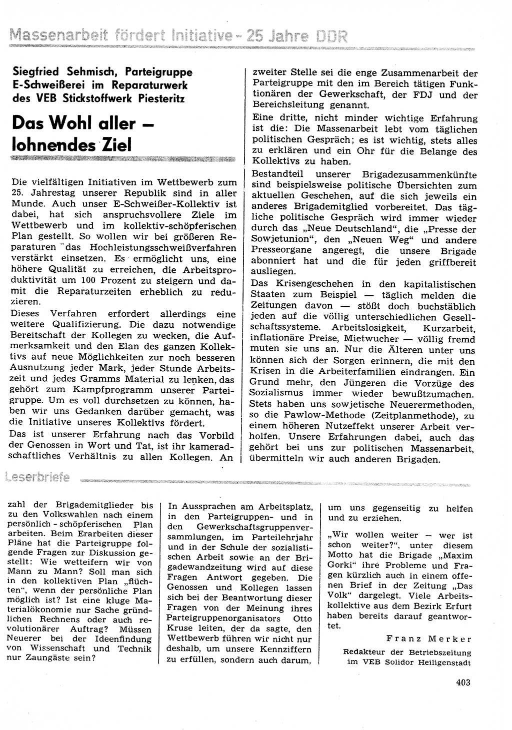 Neuer Weg (NW), Organ des Zentralkomitees (ZK) der SED (Sozialistische Einheitspartei Deutschlands) für Fragen des Parteilebens, 29. Jahrgang [Deutsche Demokratische Republik (DDR)] 1974, Seite 403 (NW ZK SED DDR 1974, S. 403)