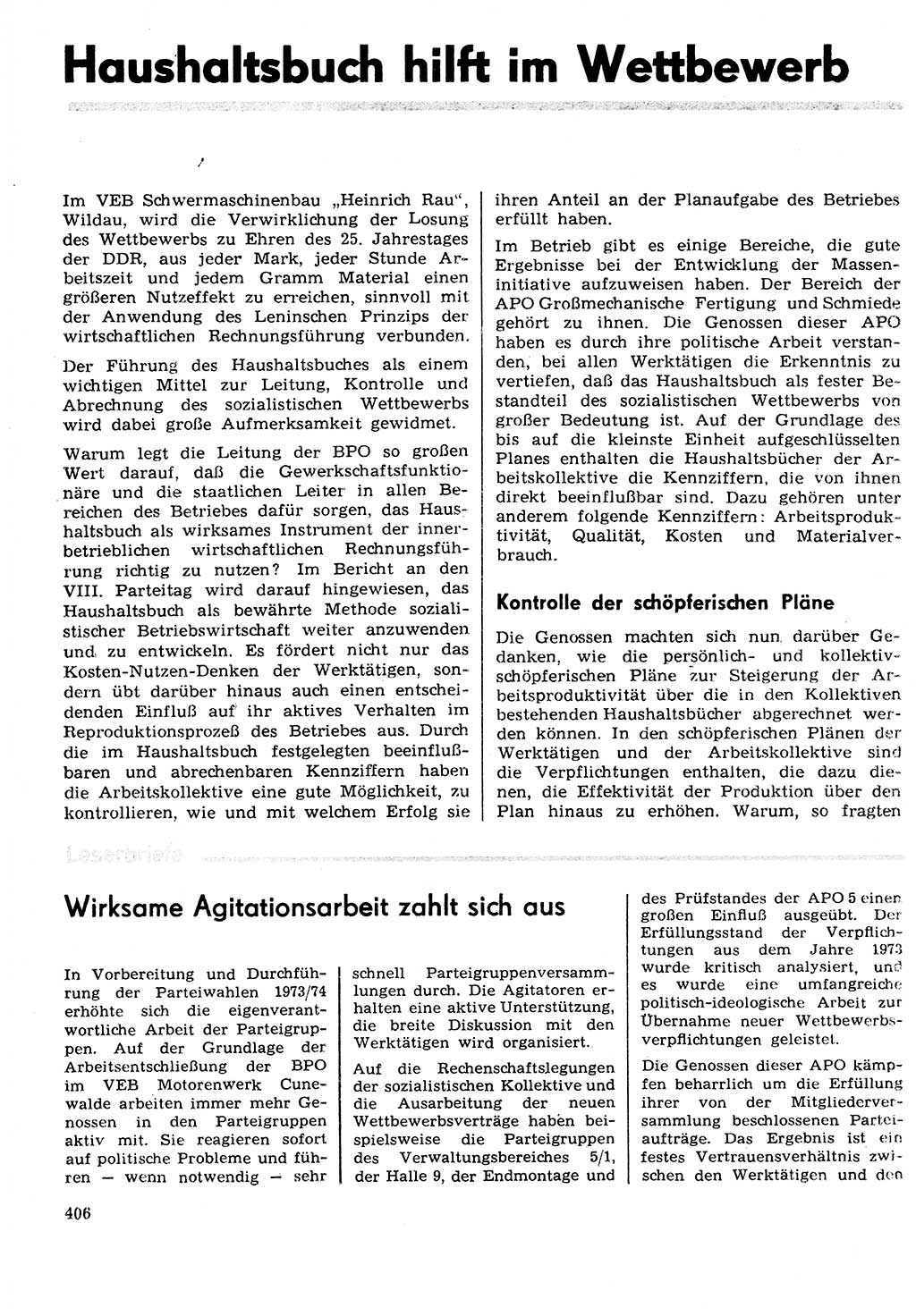 Neuer Weg (NW), Organ des Zentralkomitees (ZK) der SED (Sozialistische Einheitspartei Deutschlands) für Fragen des Parteilebens, 29. Jahrgang [Deutsche Demokratische Republik (DDR)] 1974, Seite 406 (NW ZK SED DDR 1974, S. 406)