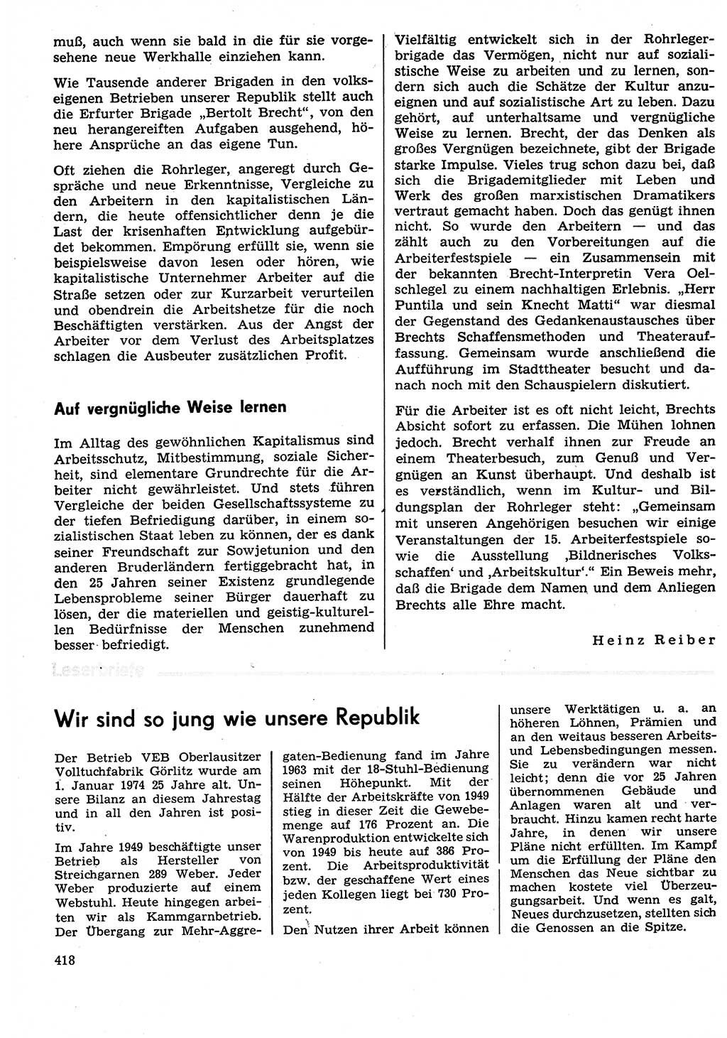 Neuer Weg (NW), Organ des Zentralkomitees (ZK) der SED (Sozialistische Einheitspartei Deutschlands) für Fragen des Parteilebens, 29. Jahrgang [Deutsche Demokratische Republik (DDR)] 1974, Seite 418 (NW ZK SED DDR 1974, S. 418)