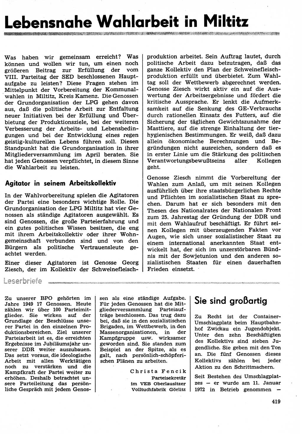 Neuer Weg (NW), Organ des Zentralkomitees (ZK) der SED (Sozialistische Einheitspartei Deutschlands) für Fragen des Parteilebens, 29. Jahrgang [Deutsche Demokratische Republik (DDR)] 1974, Seite 419 (NW ZK SED DDR 1974, S. 419)