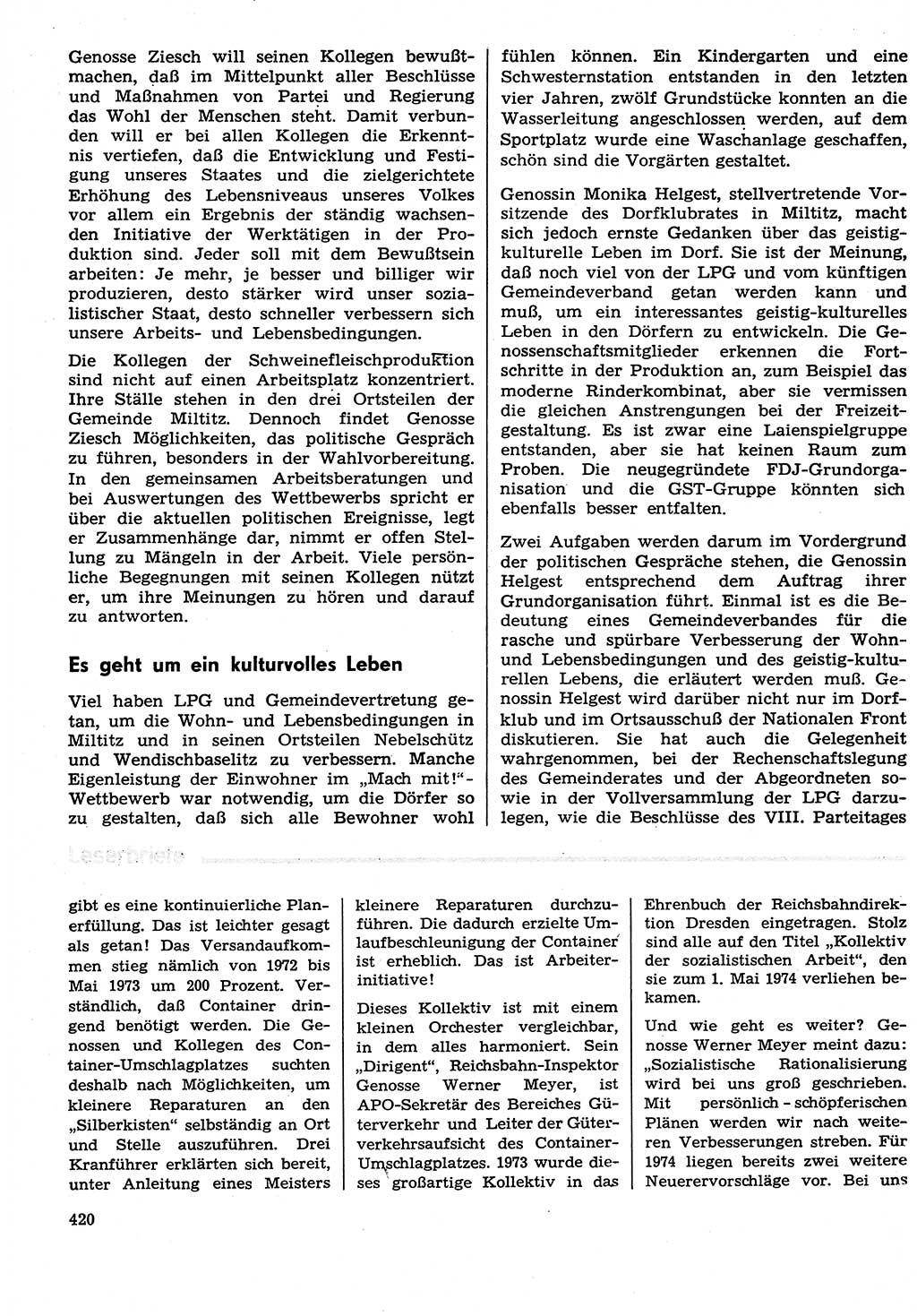 Neuer Weg (NW), Organ des Zentralkomitees (ZK) der SED (Sozialistische Einheitspartei Deutschlands) für Fragen des Parteilebens, 29. Jahrgang [Deutsche Demokratische Republik (DDR)] 1974, Seite 420 (NW ZK SED DDR 1974, S. 420)