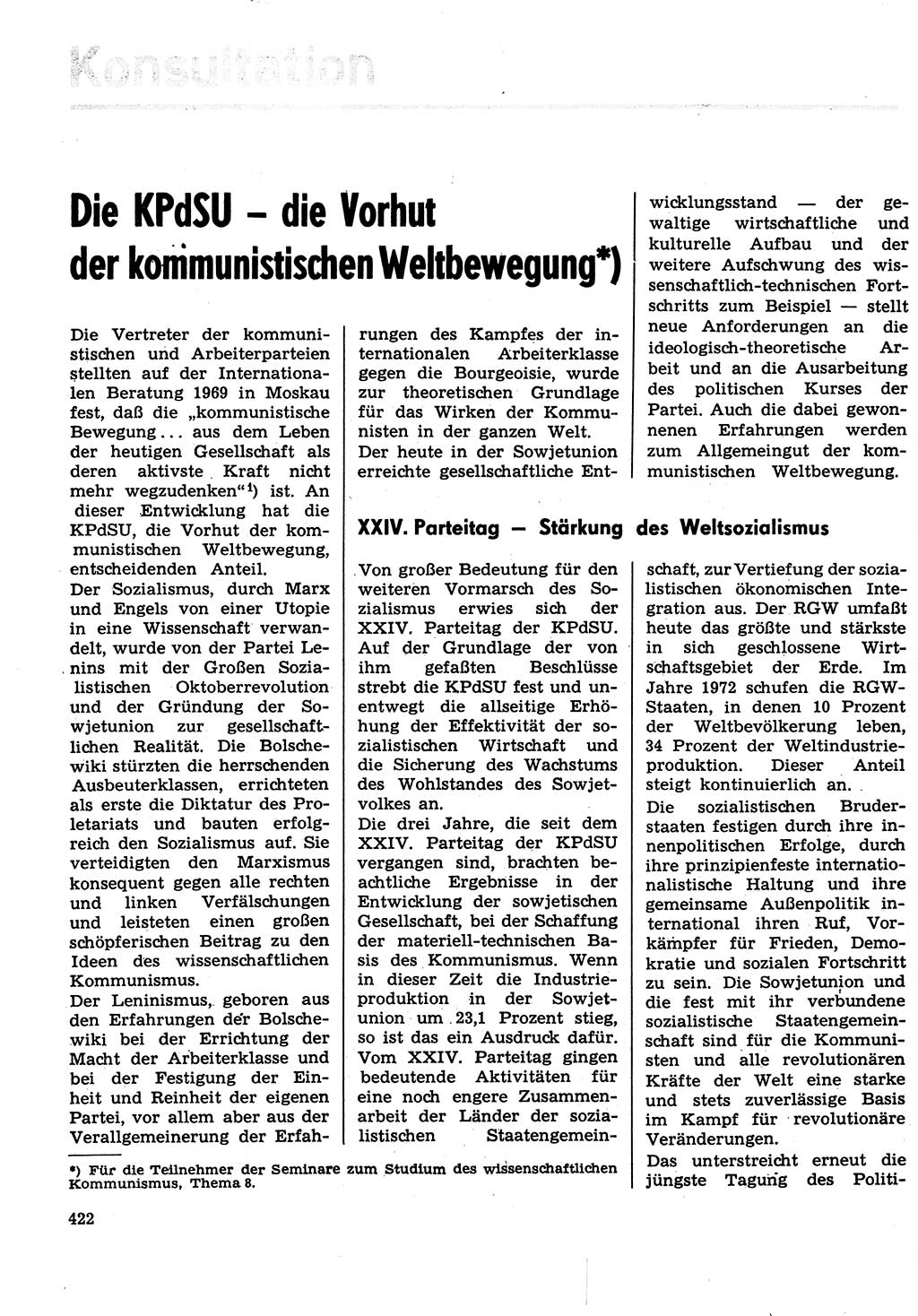 Neuer Weg (NW), Organ des Zentralkomitees (ZK) der SED (Sozialistische Einheitspartei Deutschlands) für Fragen des Parteilebens, 29. Jahrgang [Deutsche Demokratische Republik (DDR)] 1974, Seite 422 (NW ZK SED DDR 1974, S. 422)