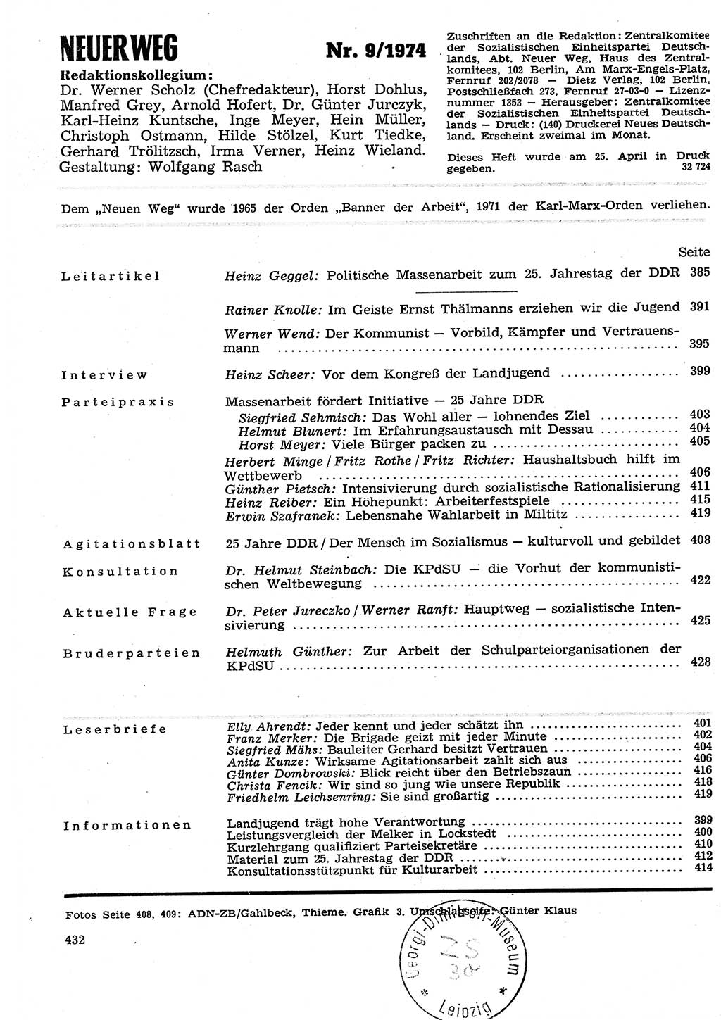 Neuer Weg (NW), Organ des Zentralkomitees (ZK) der SED (Sozialistische Einheitspartei Deutschlands) für Fragen des Parteilebens, 29. Jahrgang [Deutsche Demokratische Republik (DDR)] 1974, Seite 432 (NW ZK SED DDR 1974, S. 432)