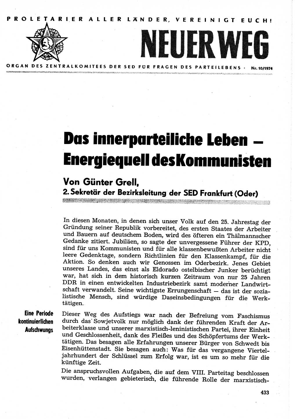 Neuer Weg (NW), Organ des Zentralkomitees (ZK) der SED (Sozialistische Einheitspartei Deutschlands) für Fragen des Parteilebens, 29. Jahrgang [Deutsche Demokratische Republik (DDR)] 1974, Seite 433 (NW ZK SED DDR 1974, S. 433)
