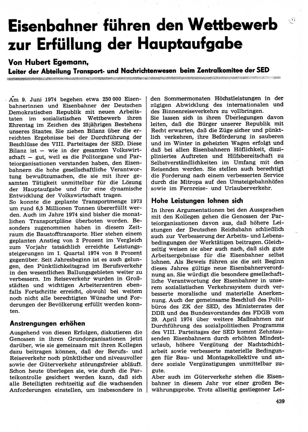 Neuer Weg (NW), Organ des Zentralkomitees (ZK) der SED (Sozialistische Einheitspartei Deutschlands) für Fragen des Parteilebens, 29. Jahrgang [Deutsche Demokratische Republik (DDR)] 1974, Seite 439 (NW ZK SED DDR 1974, S. 439)