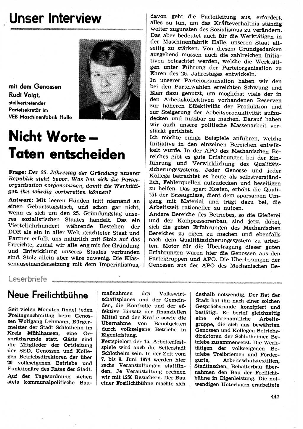 Neuer Weg (NW), Organ des Zentralkomitees (ZK) der SED (Sozialistische Einheitspartei Deutschlands) für Fragen des Parteilebens, 29. Jahrgang [Deutsche Demokratische Republik (DDR)] 1974, Seite 447 (NW ZK SED DDR 1974, S. 447)