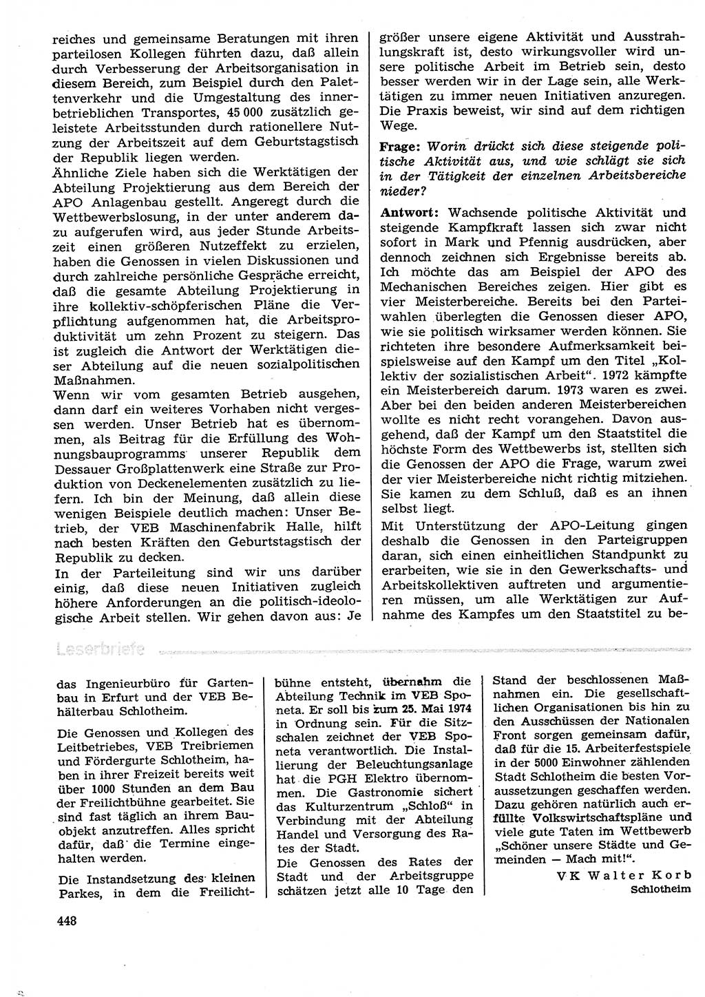 Neuer Weg (NW), Organ des Zentralkomitees (ZK) der SED (Sozialistische Einheitspartei Deutschlands) für Fragen des Parteilebens, 29. Jahrgang [Deutsche Demokratische Republik (DDR)] 1974, Seite 448 (NW ZK SED DDR 1974, S. 448)