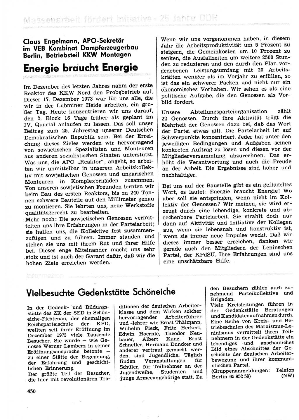 Neuer Weg (NW), Organ des Zentralkomitees (ZK) der SED (Sozialistische Einheitspartei Deutschlands) für Fragen des Parteilebens, 29. Jahrgang [Deutsche Demokratische Republik (DDR)] 1974, Seite 450 (NW ZK SED DDR 1974, S. 450)