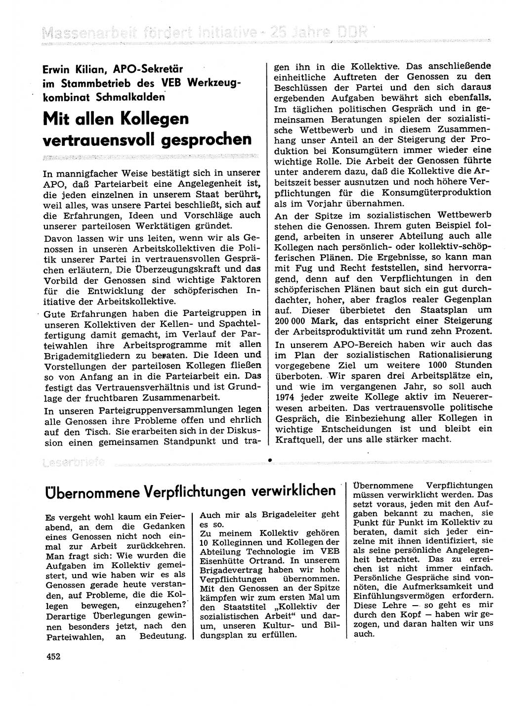 Neuer Weg (NW), Organ des Zentralkomitees (ZK) der SED (Sozialistische Einheitspartei Deutschlands) für Fragen des Parteilebens, 29. Jahrgang [Deutsche Demokratische Republik (DDR)] 1974, Seite 452 (NW ZK SED DDR 1974, S. 452)