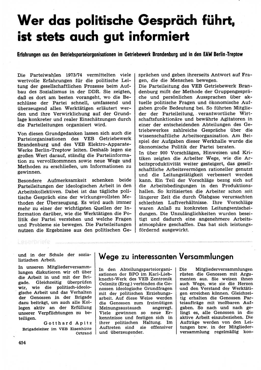 Neuer Weg (NW), Organ des Zentralkomitees (ZK) der SED (Sozialistische Einheitspartei Deutschlands) für Fragen des Parteilebens, 29. Jahrgang [Deutsche Demokratische Republik (DDR)] 1974, Seite 454 (NW ZK SED DDR 1974, S. 454)