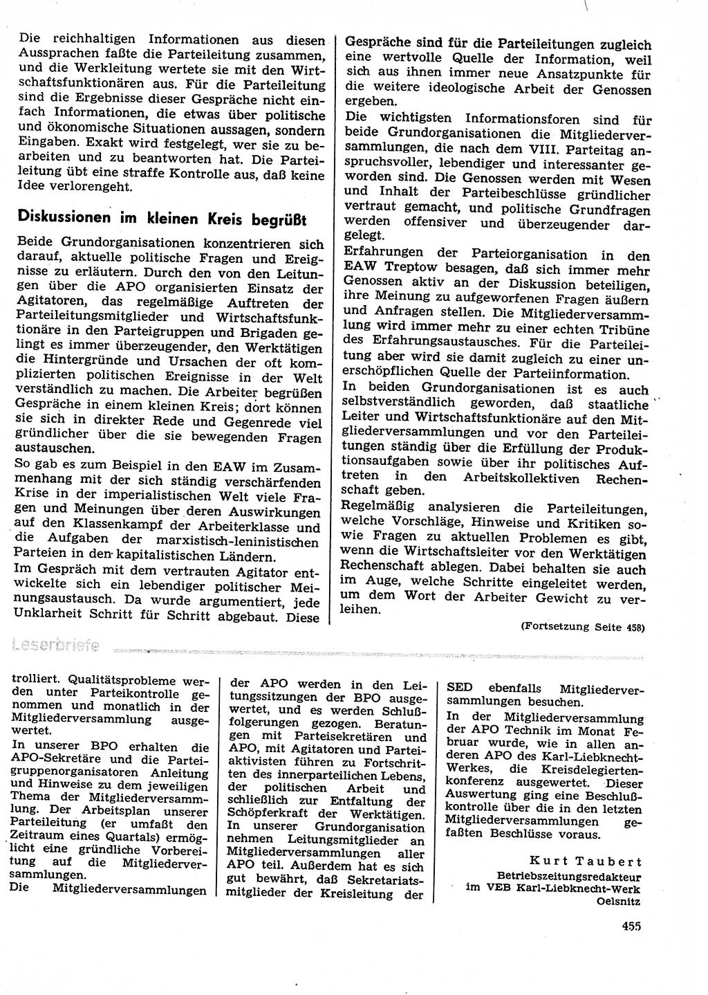Neuer Weg (NW), Organ des Zentralkomitees (ZK) der SED (Sozialistische Einheitspartei Deutschlands) für Fragen des Parteilebens, 29. Jahrgang [Deutsche Demokratische Republik (DDR)] 1974, Seite 455 (NW ZK SED DDR 1974, S. 455)