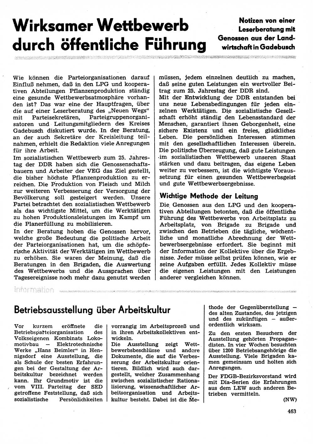 Neuer Weg (NW), Organ des Zentralkomitees (ZK) der SED (Sozialistische Einheitspartei Deutschlands) fÃ¼r Fragen des Parteilebens, 29. Jahrgang [Deutsche Demokratische Republik (DDR)] 1974, Seite 463 (NW ZK SED DDR 1974, S. 463)