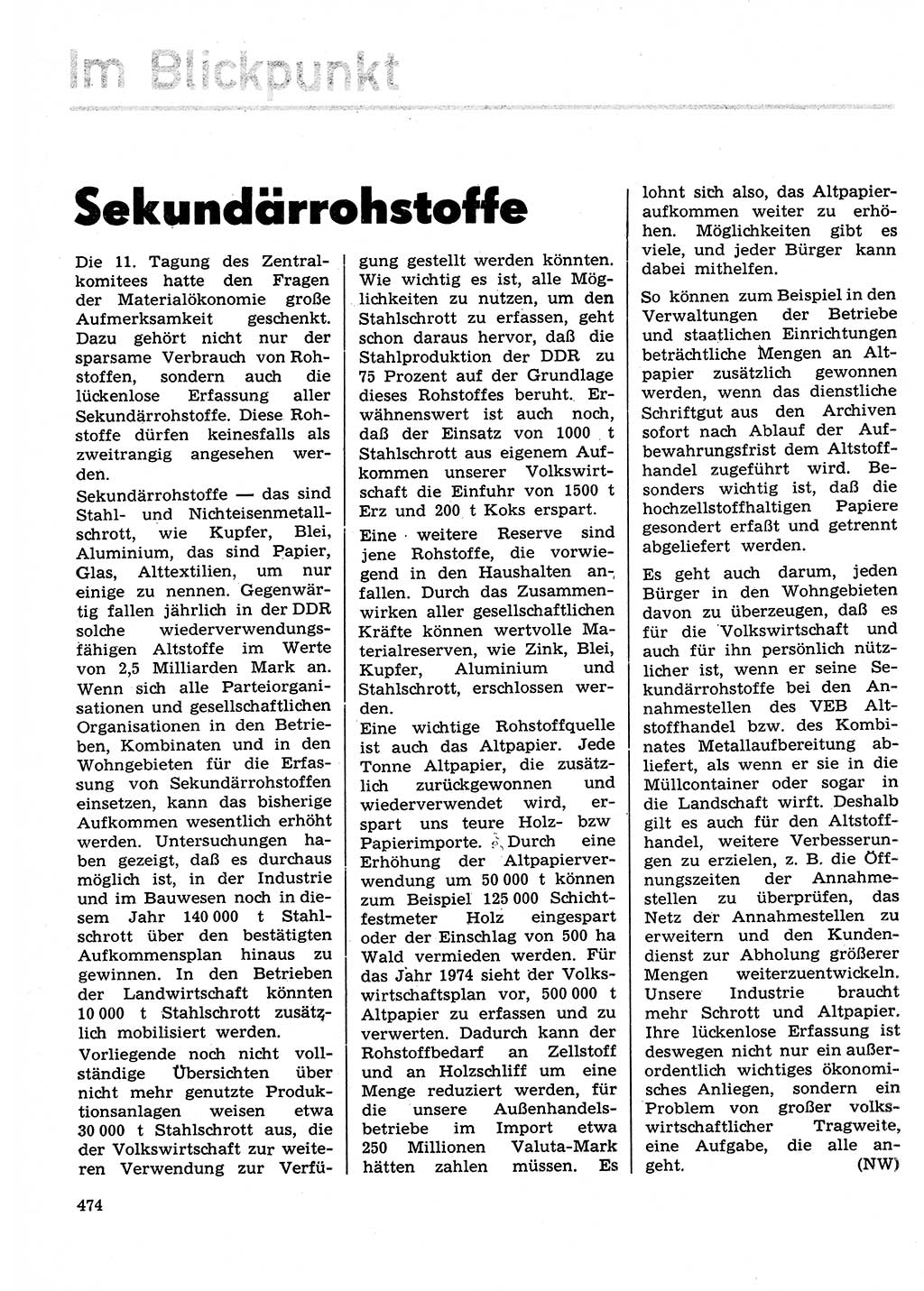 Neuer Weg (NW), Organ des Zentralkomitees (ZK) der SED (Sozialistische Einheitspartei Deutschlands) für Fragen des Parteilebens, 29. Jahrgang [Deutsche Demokratische Republik (DDR)] 1974, Seite 474 (NW ZK SED DDR 1974, S. 474)