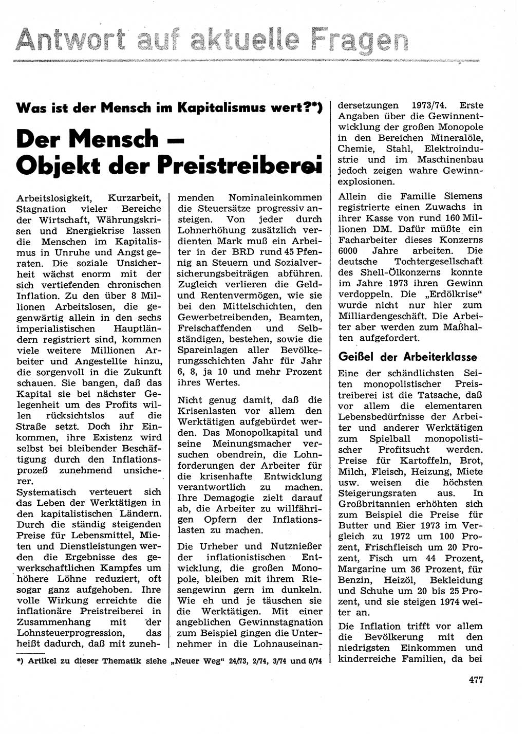 Neuer Weg (NW), Organ des Zentralkomitees (ZK) der SED (Sozialistische Einheitspartei Deutschlands) für Fragen des Parteilebens, 29. Jahrgang [Deutsche Demokratische Republik (DDR)] 1974, Seite 477 (NW ZK SED DDR 1974, S. 477)