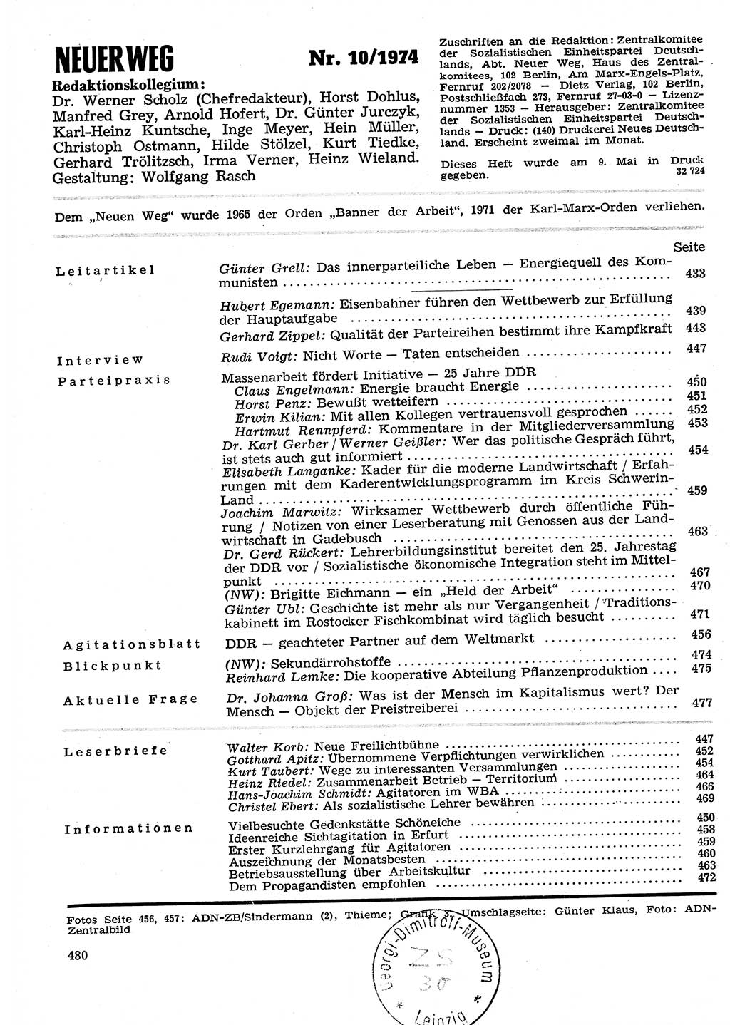 Neuer Weg (NW), Organ des Zentralkomitees (ZK) der SED (Sozialistische Einheitspartei Deutschlands) für Fragen des Parteilebens, 29. Jahrgang [Deutsche Demokratische Republik (DDR)] 1974, Seite 480 (NW ZK SED DDR 1974, S. 480)