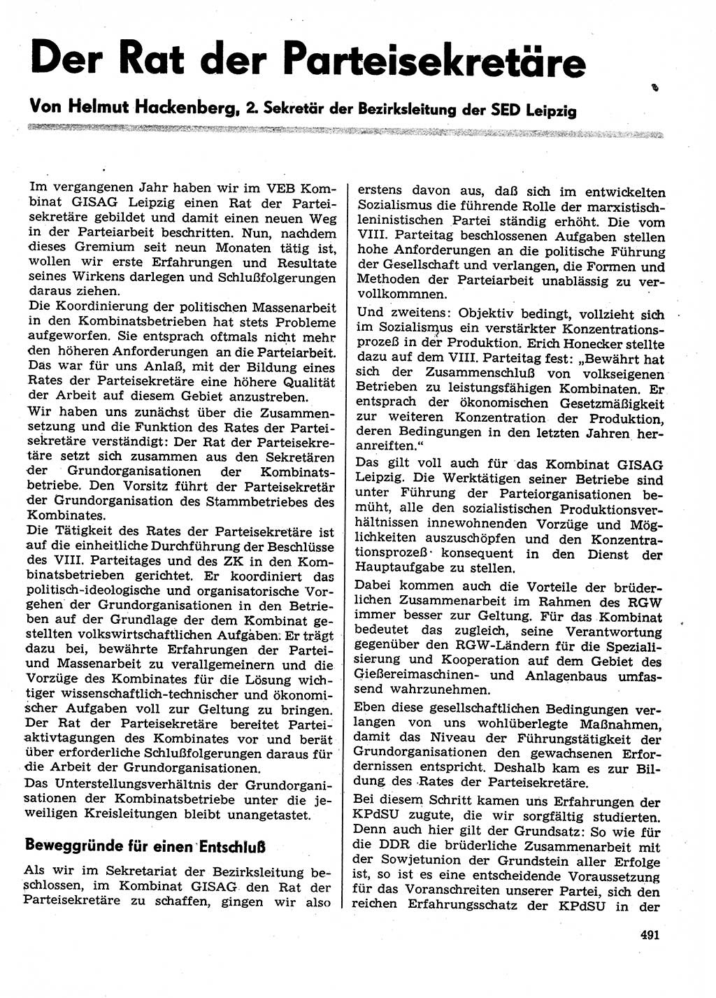 Neuer Weg (NW), Organ des Zentralkomitees (ZK) der SED (Sozialistische Einheitspartei Deutschlands) für Fragen des Parteilebens, 29. Jahrgang [Deutsche Demokratische Republik (DDR)] 1974, Seite 491 (NW ZK SED DDR 1974, S. 491)