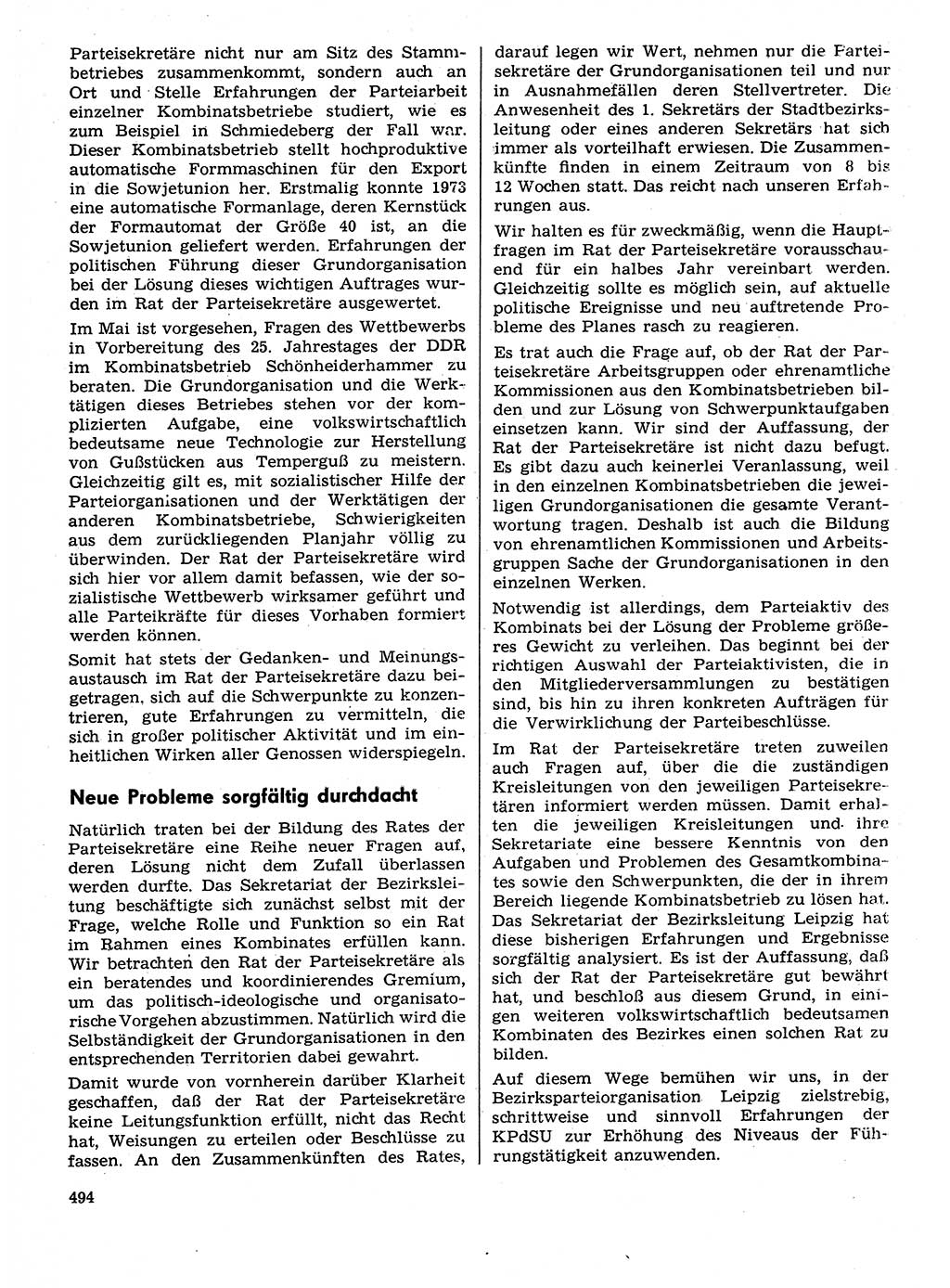 Neuer Weg (NW), Organ des Zentralkomitees (ZK) der SED (Sozialistische Einheitspartei Deutschlands) für Fragen des Parteilebens, 29. Jahrgang [Deutsche Demokratische Republik (DDR)] 1974, Seite 494 (NW ZK SED DDR 1974, S. 494)