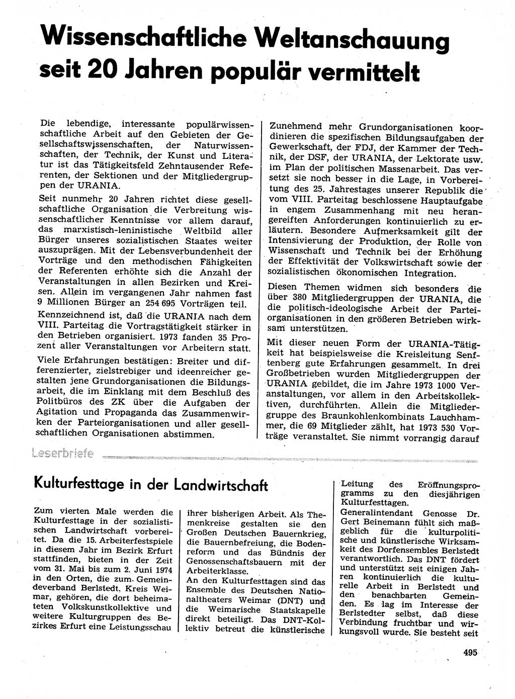 Neuer Weg (NW), Organ des Zentralkomitees (ZK) der SED (Sozialistische Einheitspartei Deutschlands) für Fragen des Parteilebens, 29. Jahrgang [Deutsche Demokratische Republik (DDR)] 1974, Seite 495 (NW ZK SED DDR 1974, S. 495)