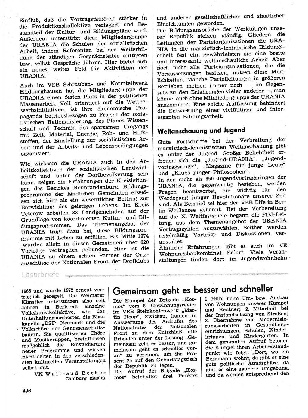 Neuer Weg (NW), Organ des Zentralkomitees (ZK) der SED (Sozialistische Einheitspartei Deutschlands) für Fragen des Parteilebens, 29. Jahrgang [Deutsche Demokratische Republik (DDR)] 1974, Seite 496 (NW ZK SED DDR 1974, S. 496)
