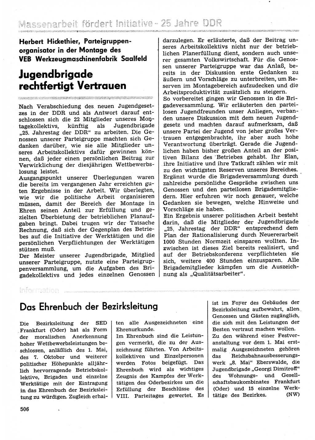 Neuer Weg (NW), Organ des Zentralkomitees (ZK) der SED (Sozialistische Einheitspartei Deutschlands) für Fragen des Parteilebens, 29. Jahrgang [Deutsche Demokratische Republik (DDR)] 1974, Seite 506 (NW ZK SED DDR 1974, S. 506)