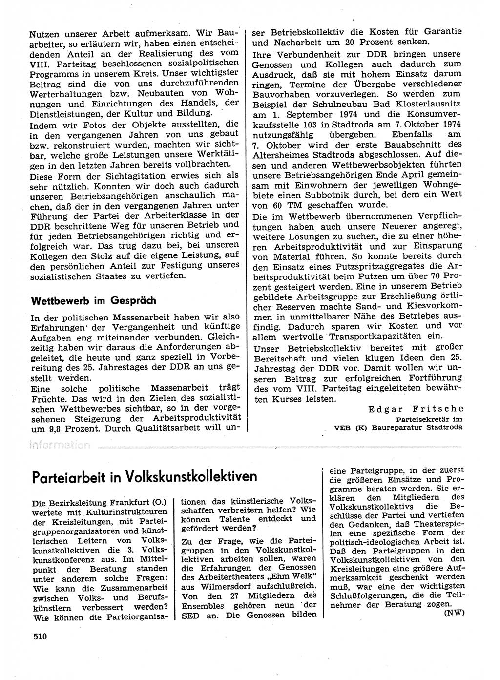 Neuer Weg (NW), Organ des Zentralkomitees (ZK) der SED (Sozialistische Einheitspartei Deutschlands) für Fragen des Parteilebens, 29. Jahrgang [Deutsche Demokratische Republik (DDR)] 1974, Seite 510 (NW ZK SED DDR 1974, S. 510)