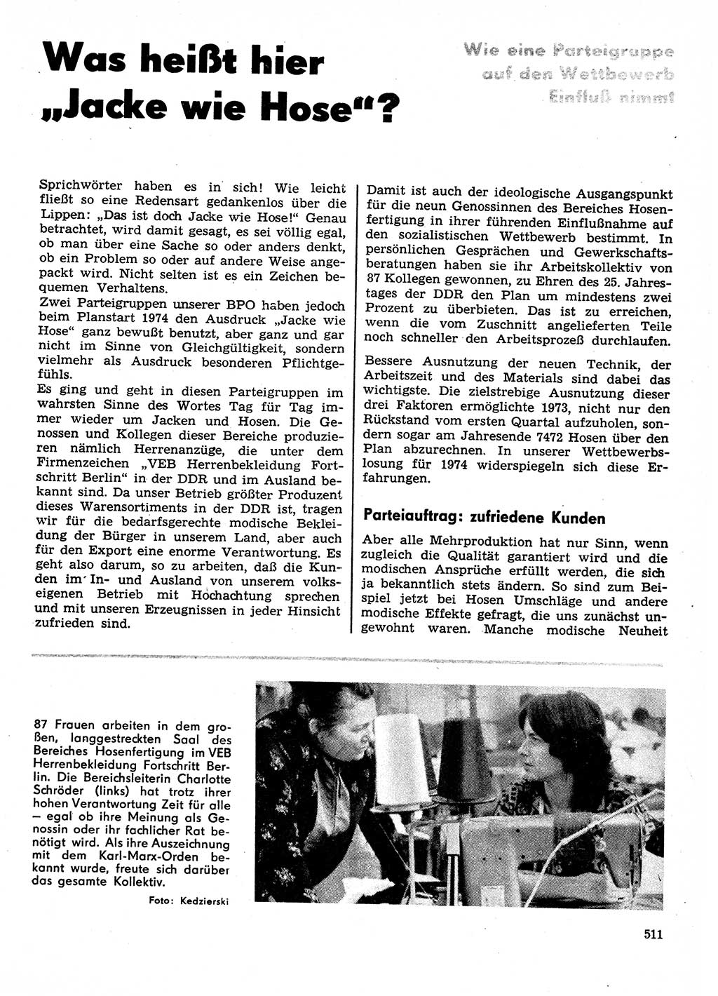 Neuer Weg (NW), Organ des Zentralkomitees (ZK) der SED (Sozialistische Einheitspartei Deutschlands) für Fragen des Parteilebens, 29. Jahrgang [Deutsche Demokratische Republik (DDR)] 1974, Seite 511 (NW ZK SED DDR 1974, S. 511)