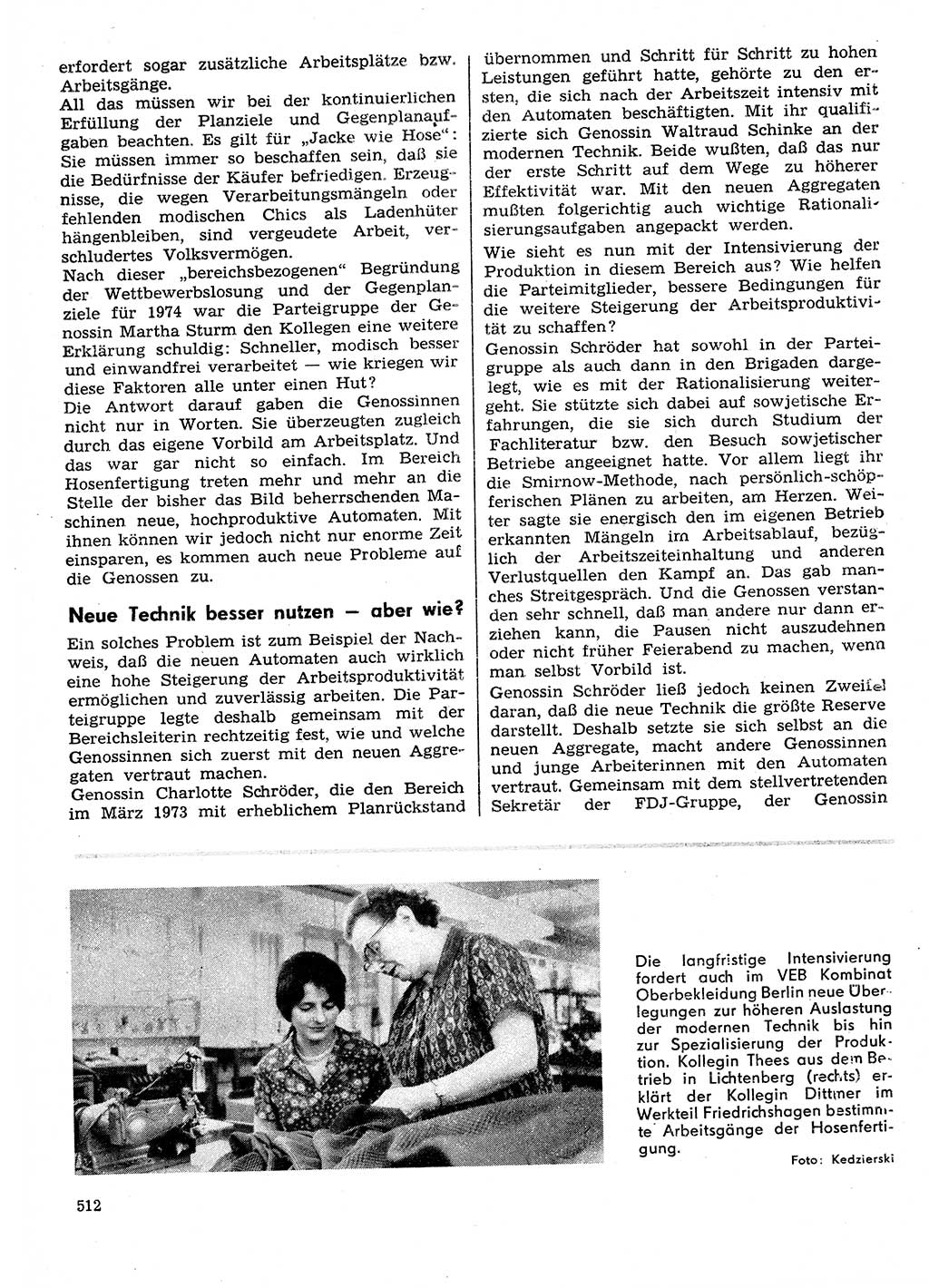 Neuer Weg (NW), Organ des Zentralkomitees (ZK) der SED (Sozialistische Einheitspartei Deutschlands) für Fragen des Parteilebens, 29. Jahrgang [Deutsche Demokratische Republik (DDR)] 1974, Seite 512 (NW ZK SED DDR 1974, S. 512)