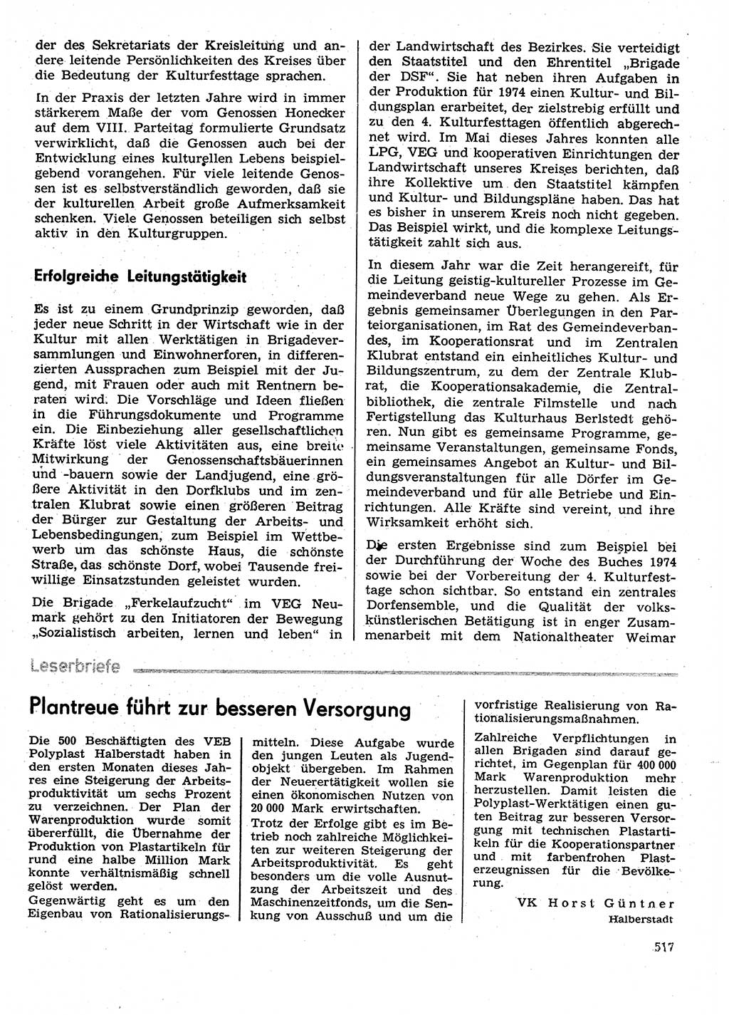 Neuer Weg (NW), Organ des Zentralkomitees (ZK) der SED (Sozialistische Einheitspartei Deutschlands) für Fragen des Parteilebens, 29. Jahrgang [Deutsche Demokratische Republik (DDR)] 1974, Seite 517 (NW ZK SED DDR 1974, S. 517)