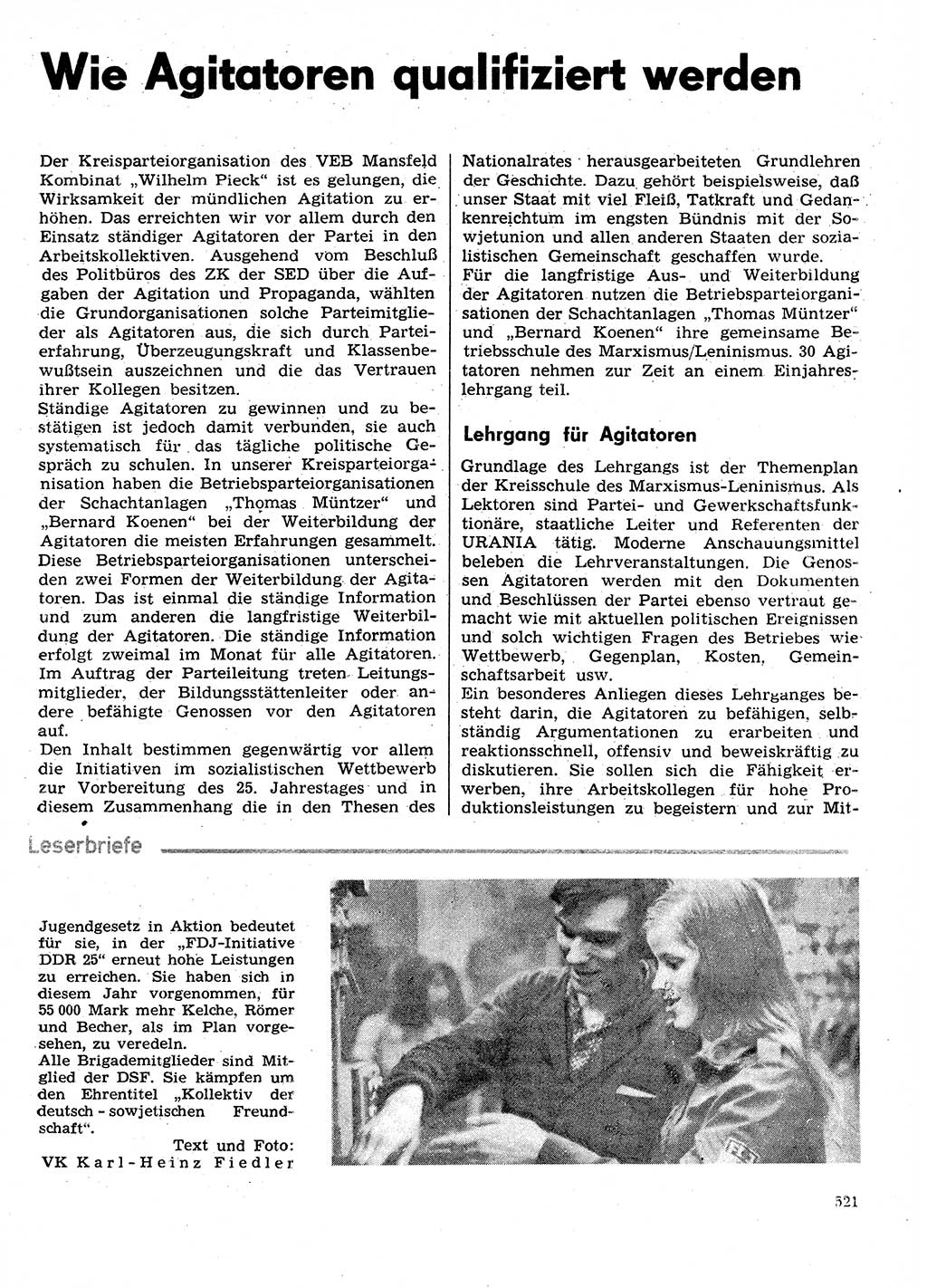 Neuer Weg (NW), Organ des Zentralkomitees (ZK) der SED (Sozialistische Einheitspartei Deutschlands) für Fragen des Parteilebens, 29. Jahrgang [Deutsche Demokratische Republik (DDR)] 1974, Seite 521 (NW ZK SED DDR 1974, S. 521)