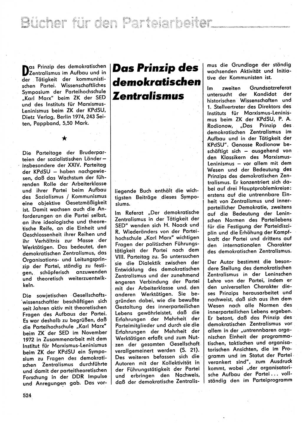 Neuer Weg (NW), Organ des Zentralkomitees (ZK) der SED (Sozialistische Einheitspartei Deutschlands) für Fragen des Parteilebens, 29. Jahrgang [Deutsche Demokratische Republik (DDR)] 1974, Seite 524 (NW ZK SED DDR 1974, S. 524)