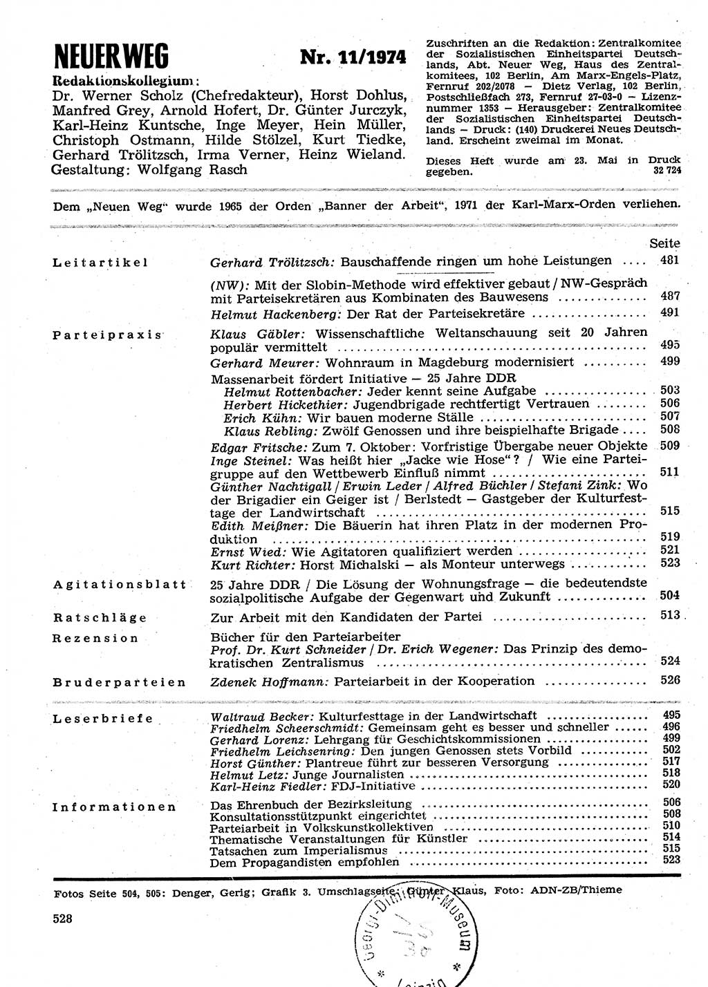 Neuer Weg (NW), Organ des Zentralkomitees (ZK) der SED (Sozialistische Einheitspartei Deutschlands) für Fragen des Parteilebens, 29. Jahrgang [Deutsche Demokratische Republik (DDR)] 1974, Seite 528 (NW ZK SED DDR 1974, S. 528)