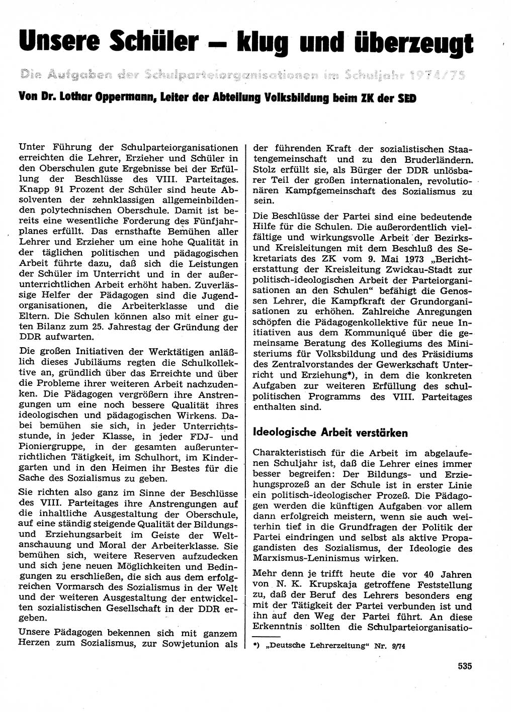 Neuer Weg (NW), Organ des Zentralkomitees (ZK) der SED (Sozialistische Einheitspartei Deutschlands) für Fragen des Parteilebens, 29. Jahrgang [Deutsche Demokratische Republik (DDR)] 1974, Seite 535 (NW ZK SED DDR 1974, S. 535)