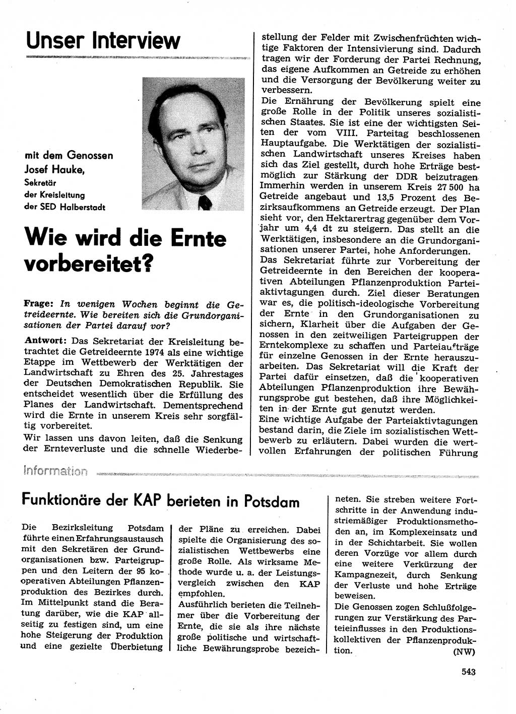 Neuer Weg (NW), Organ des Zentralkomitees (ZK) der SED (Sozialistische Einheitspartei Deutschlands) für Fragen des Parteilebens, 29. Jahrgang [Deutsche Demokratische Republik (DDR)] 1974, Seite 543 (NW ZK SED DDR 1974, S. 543)