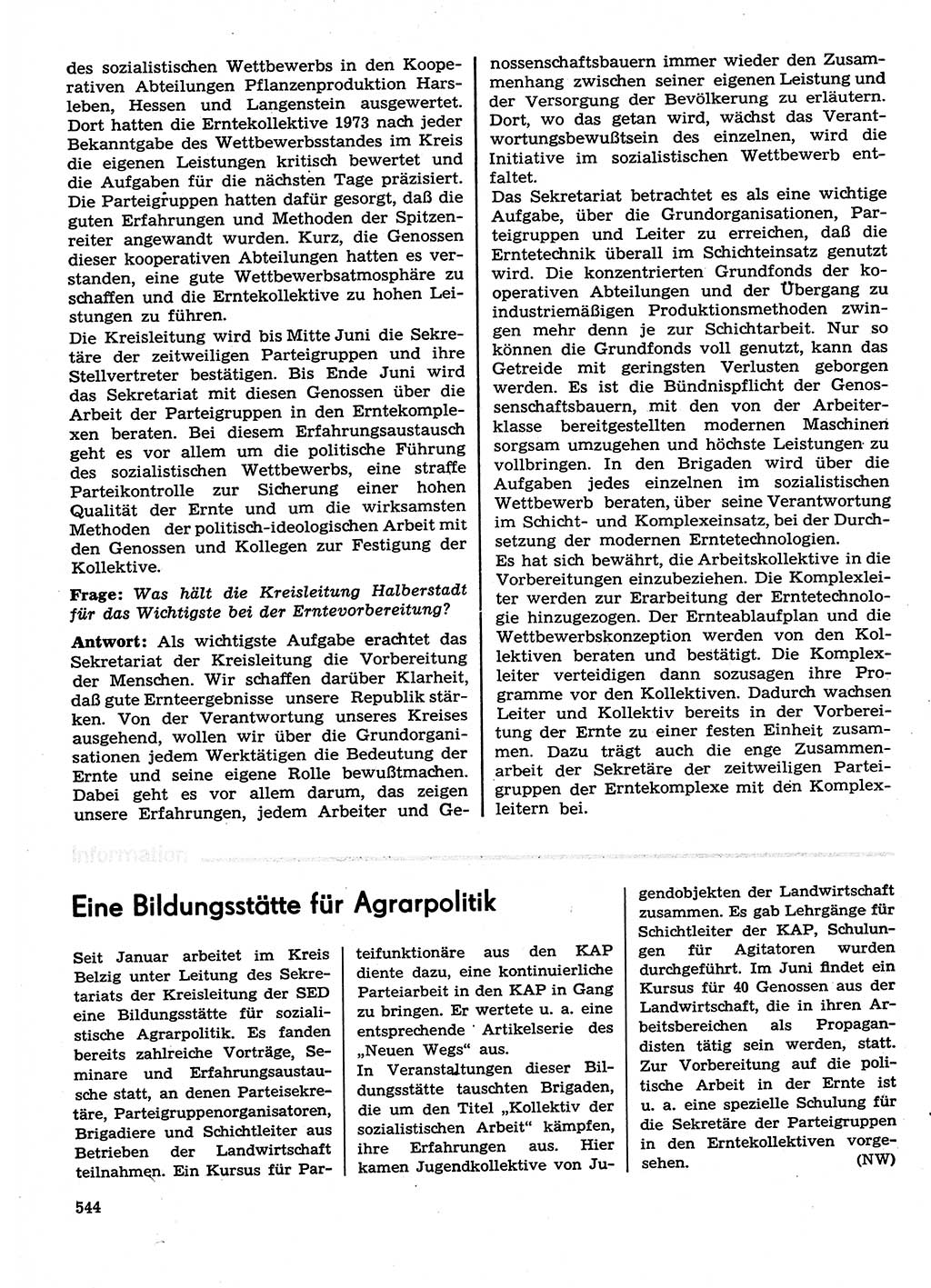 Neuer Weg (NW), Organ des Zentralkomitees (ZK) der SED (Sozialistische Einheitspartei Deutschlands) für Fragen des Parteilebens, 29. Jahrgang [Deutsche Demokratische Republik (DDR)] 1974, Seite 544 (NW ZK SED DDR 1974, S. 544)