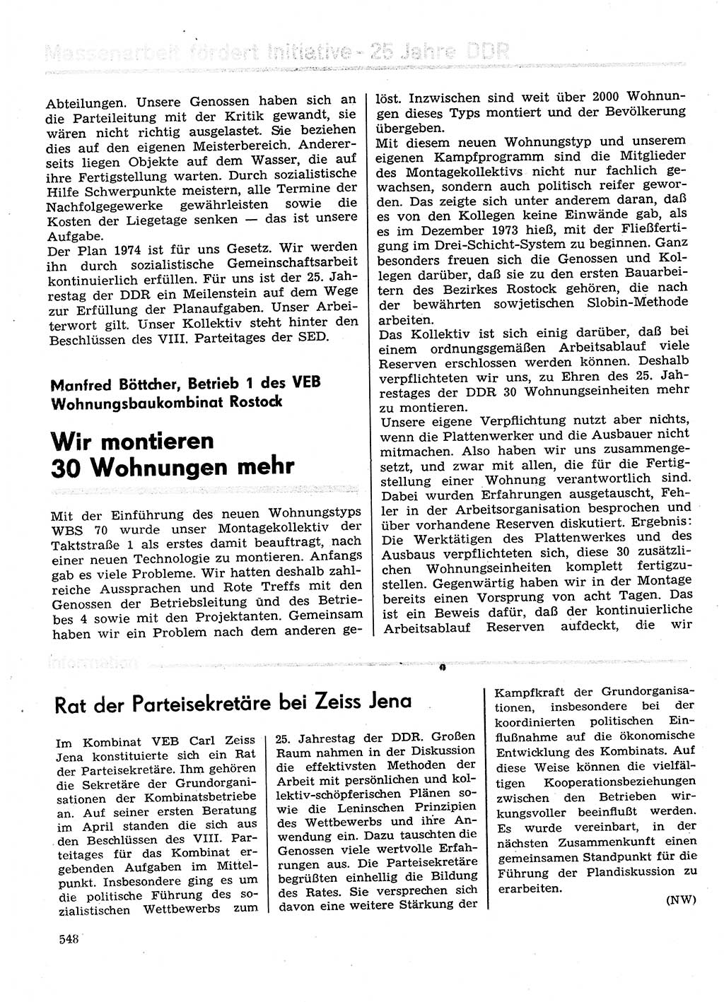 Neuer Weg (NW), Organ des Zentralkomitees (ZK) der SED (Sozialistische Einheitspartei Deutschlands) für Fragen des Parteilebens, 29. Jahrgang [Deutsche Demokratische Republik (DDR)] 1974, Seite 548 (NW ZK SED DDR 1974, S. 548)