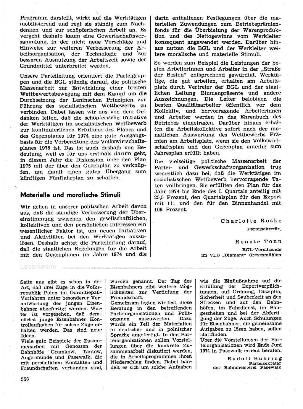Neuer Weg (NW), Organ des Zentralkomitees (ZK) der SED (Sozialistische Einheitspartei Deutschlands) für Fragen des Parteilebens, 29. Jahrgang [Deutsche Demokratische Republik (DDR)] 1974, Seite 556 (NW ZK SED DDR 1974, S. 556)