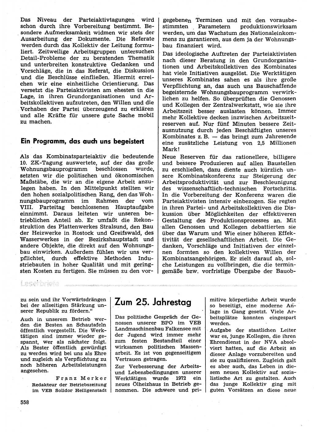 Neuer Weg (NW), Organ des Zentralkomitees (ZK) der SED (Sozialistische Einheitspartei Deutschlands) für Fragen des Parteilebens, 29. Jahrgang [Deutsche Demokratische Republik (DDR)] 1974, Seite 558 (NW ZK SED DDR 1974, S. 558)
