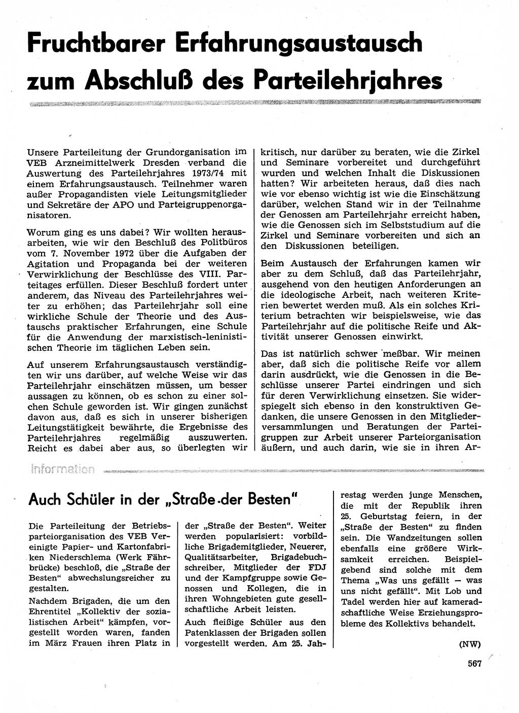 Neuer Weg (NW), Organ des Zentralkomitees (ZK) der SED (Sozialistische Einheitspartei Deutschlands) für Fragen des Parteilebens, 29. Jahrgang [Deutsche Demokratische Republik (DDR)] 1974, Seite 567 (NW ZK SED DDR 1974, S. 567)
